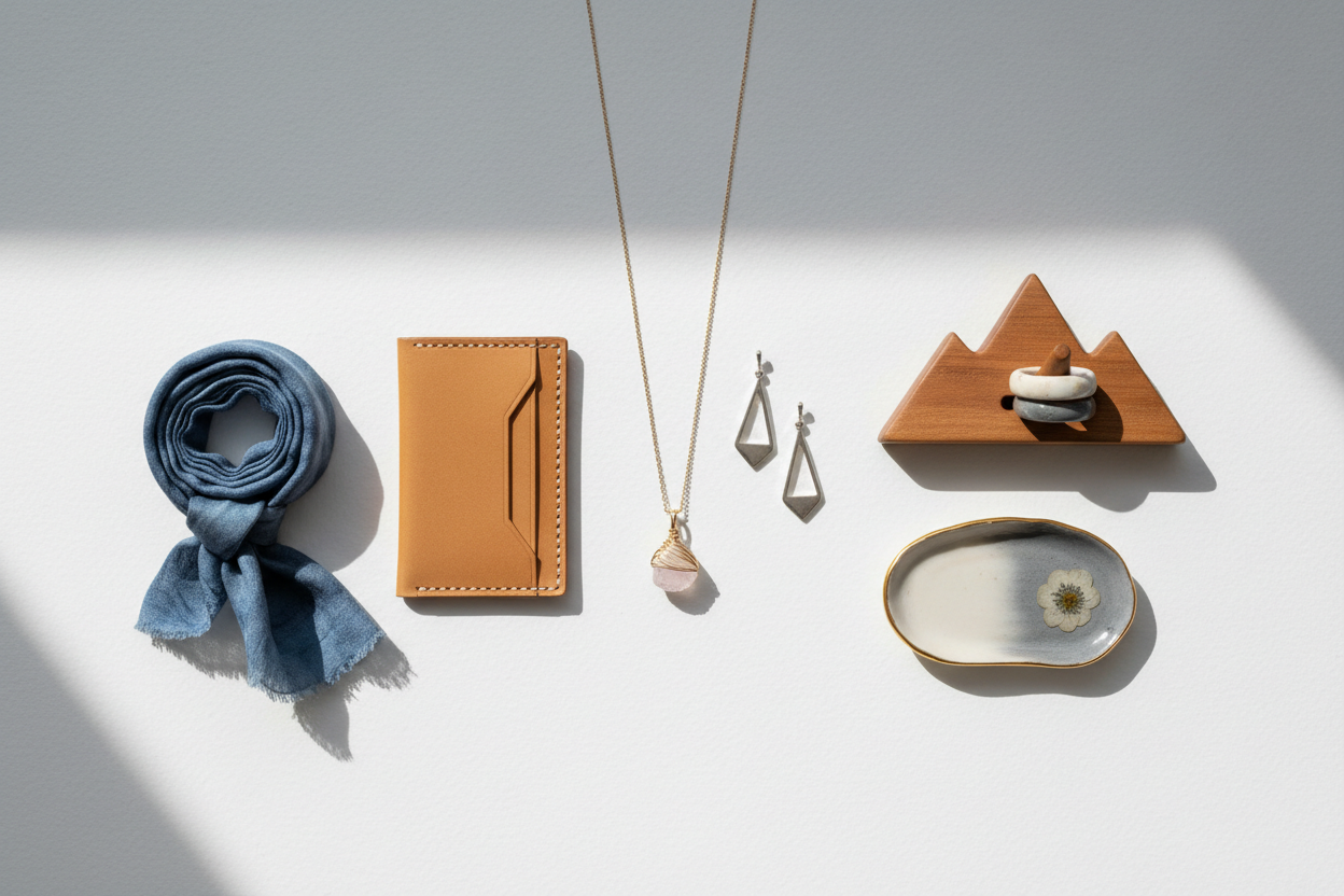 A minimalist boutique-style flat lay of unique handmade accessories arranged with lots of white space on a clean light grey background. High-end, modern, exclusive. No people, no text.
