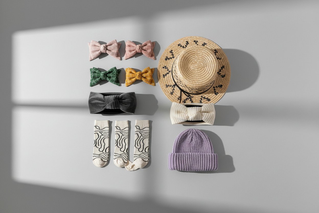 A modern, minimalist flat lay featuring trendy handmade accessories such as bows, headbands, hats, and socks arranged on a sleek light grey background with clean lines and soft shadows. Contemporary, stylish, and age-appropriate for teens and adults. No people, no text.
